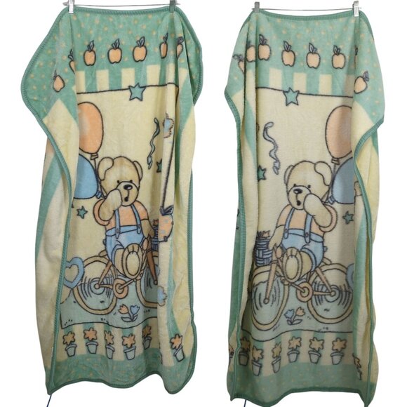 Vintage Teddy Bear Baby yellow blue Blanket Soft Fleece Balloons Bicycle Print - Picture 1 of 14